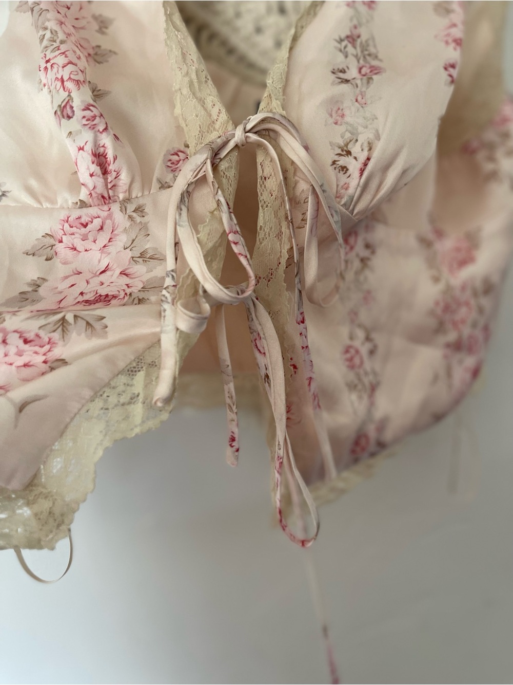 Cotton Candy LA Floral Satin Lace Trim Tie Front Top - Picture 3 of 6